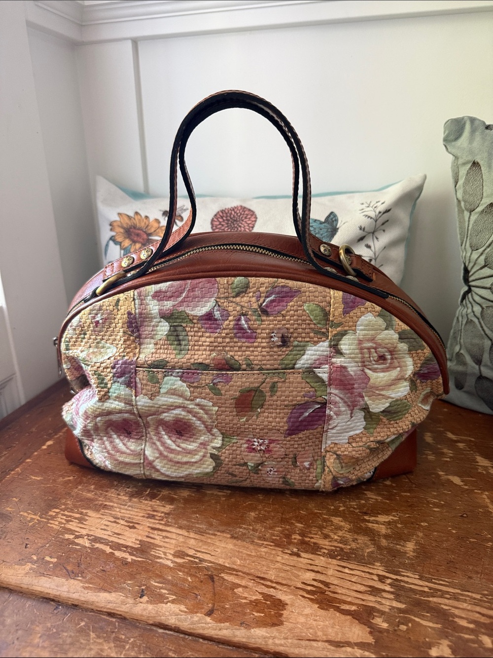 Patricia Nash Straw Dome Satchel Crackled Rose - Picture 3 of 10